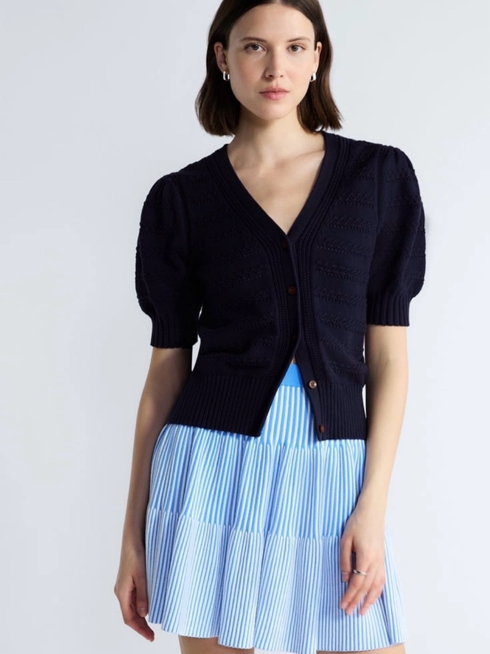 NWT Free Assembly Navy Short-Sleeve V-Neck Button Cardigan